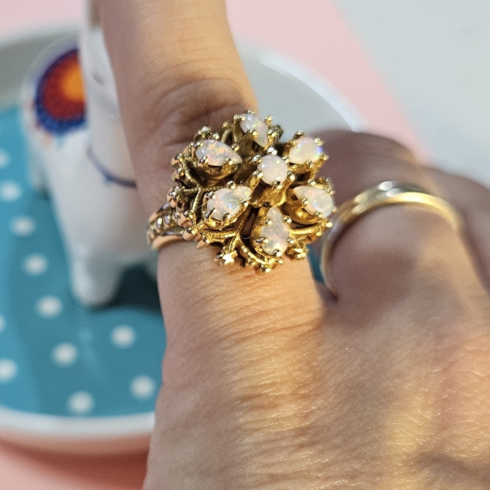 14k Vintage Estate Gold Opal Cluster Ring - Picture 2 of 9
